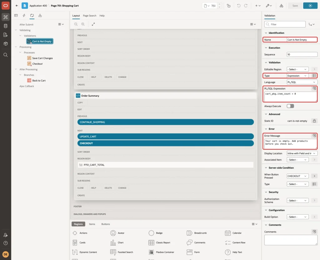 Validation Cart Is Not Empty with Type Expression, the PL/SQL Expression and the Error Message marked with red boxes