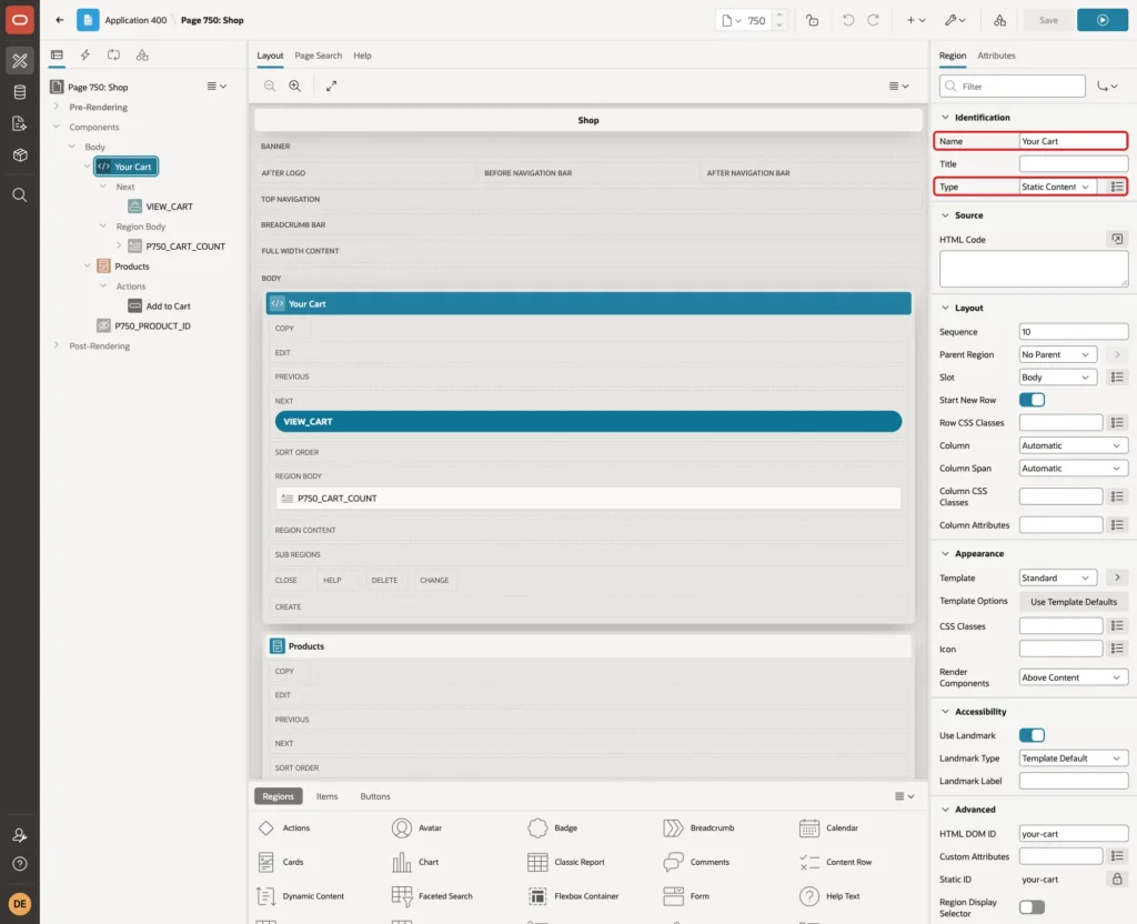 Region Your Cart with Name and Type Static Content marked with red boxes