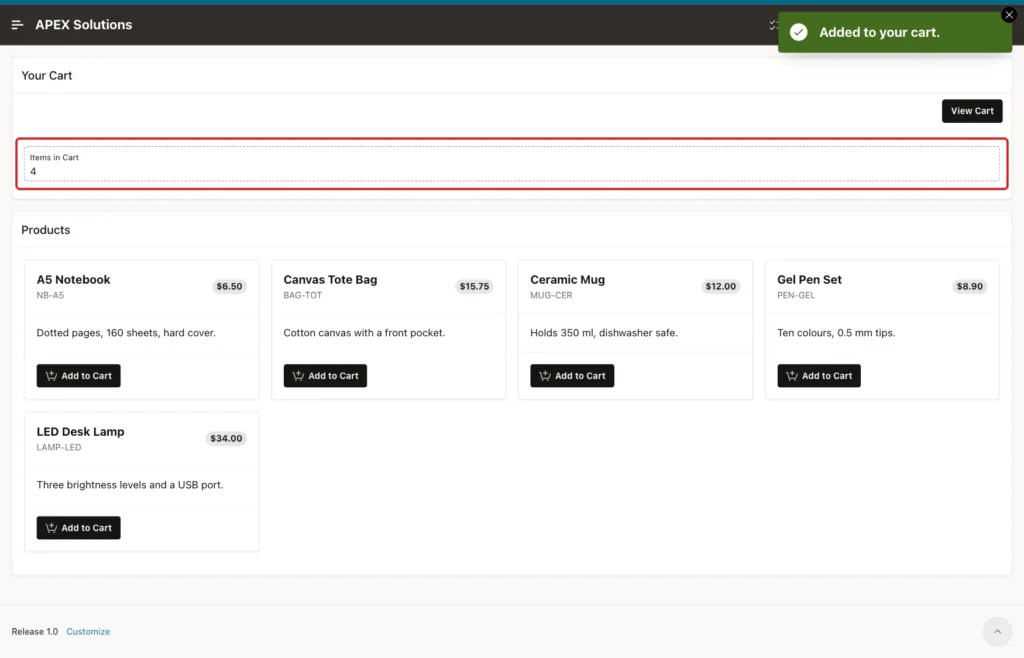 Shop page with the message Added to your cart. and Items in Cart 4 marked with a red box