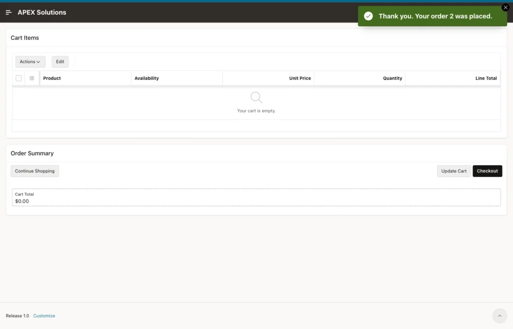 Cart page with the message Thank you. Your order 2 was placed., an empty grid and Cart Total 0.00