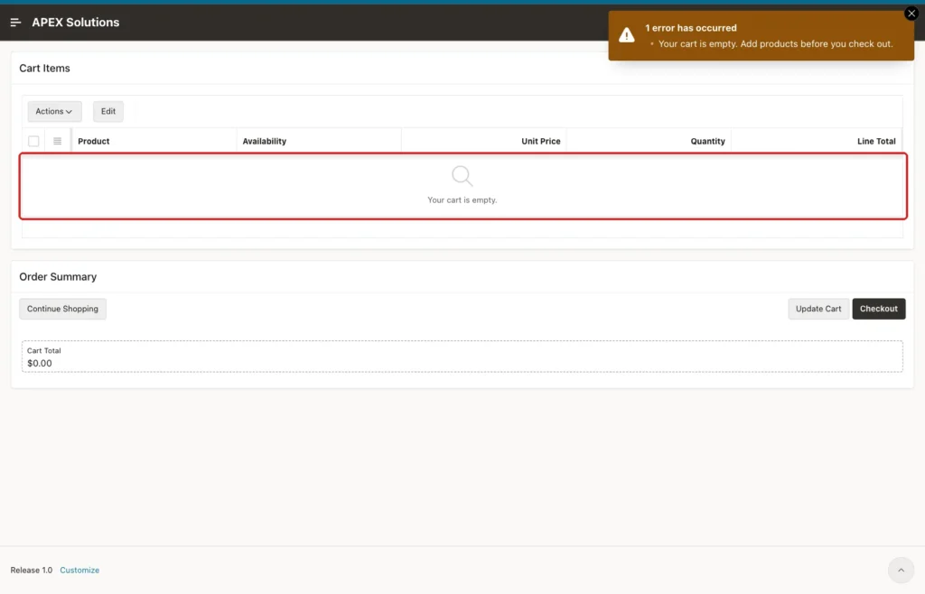 Error Your cart is empty. Add products before you check out. and the empty grid message marked with a red box