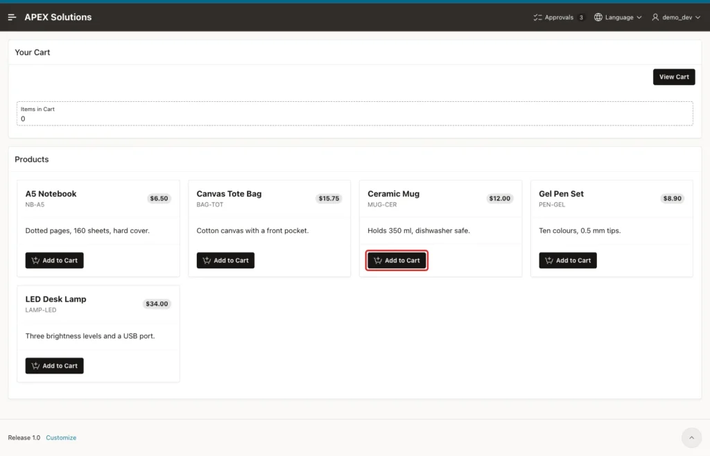 Shop page with five product cards, Items in Cart 0 and the Add to Cart button of the Ceramic Mug marked with a red box