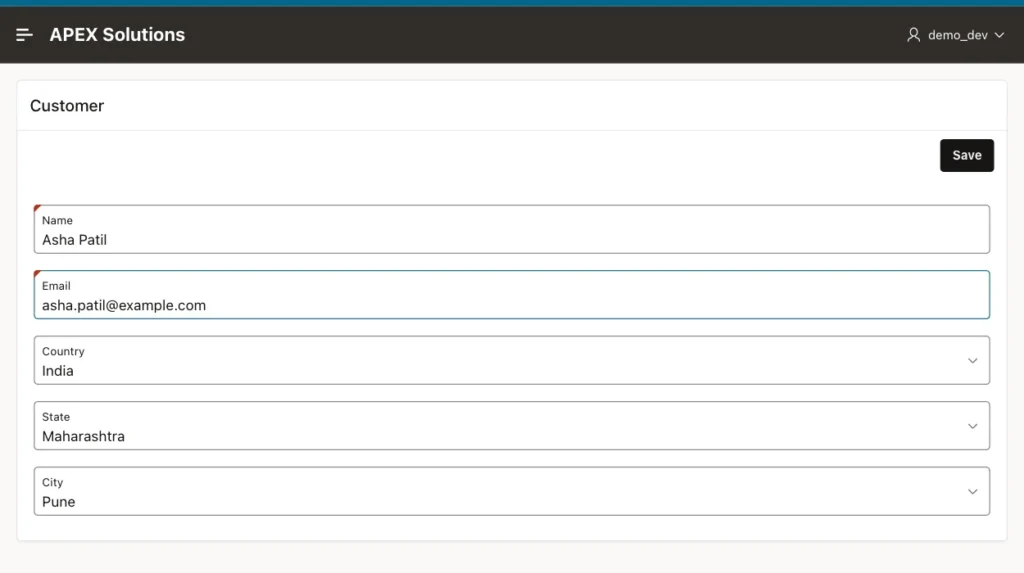 Oracle APEX customer form with Country India, State Maharashtra and City Pune selected