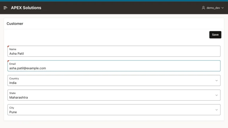 Oracle APEX customer form with Country India, State Maharashtra and City Pune selected