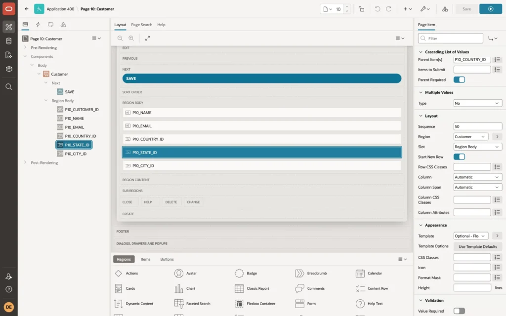 Page Designer with P10_STATE_ID selected, showing Cascading List of Values with Parent Item P10_COUNTRY_ID and Parent Required on