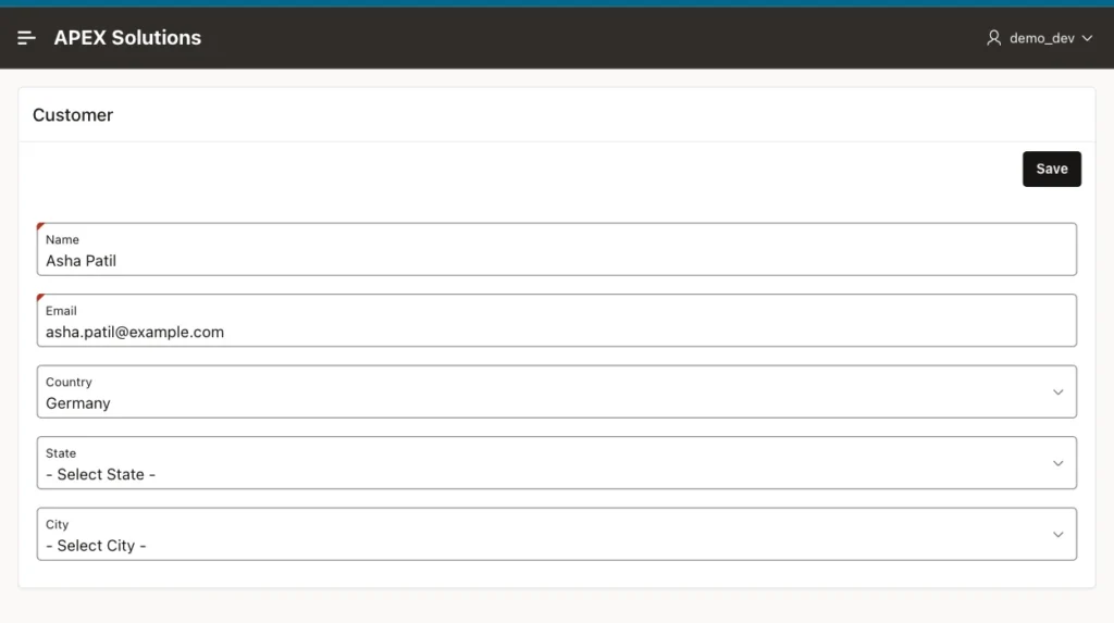 Oracle APEX customer form after changing the country to Germany, with State and City reset to their null entries