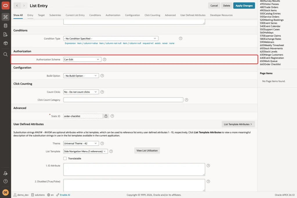 List Entry Order Checklist with Authorization Scheme Can Edit marked with a red box