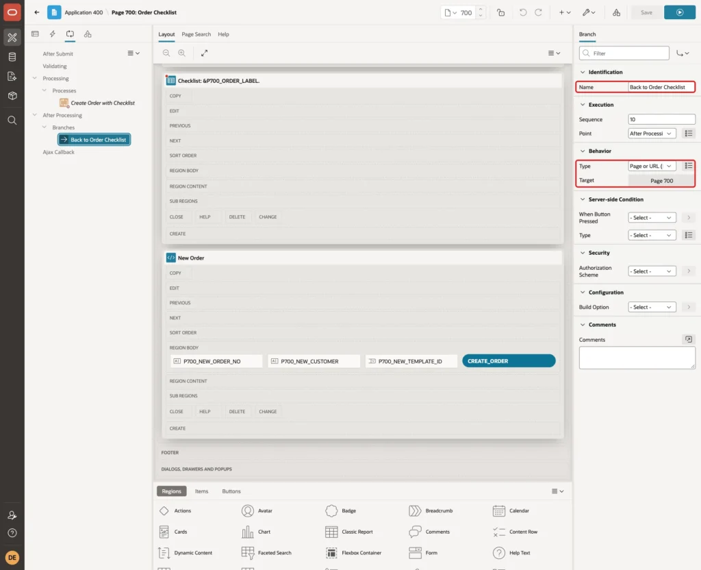 Branch Back to Order Checklist with Name, Type Page or URL Redirect and Target Page 700 marked with red boxes