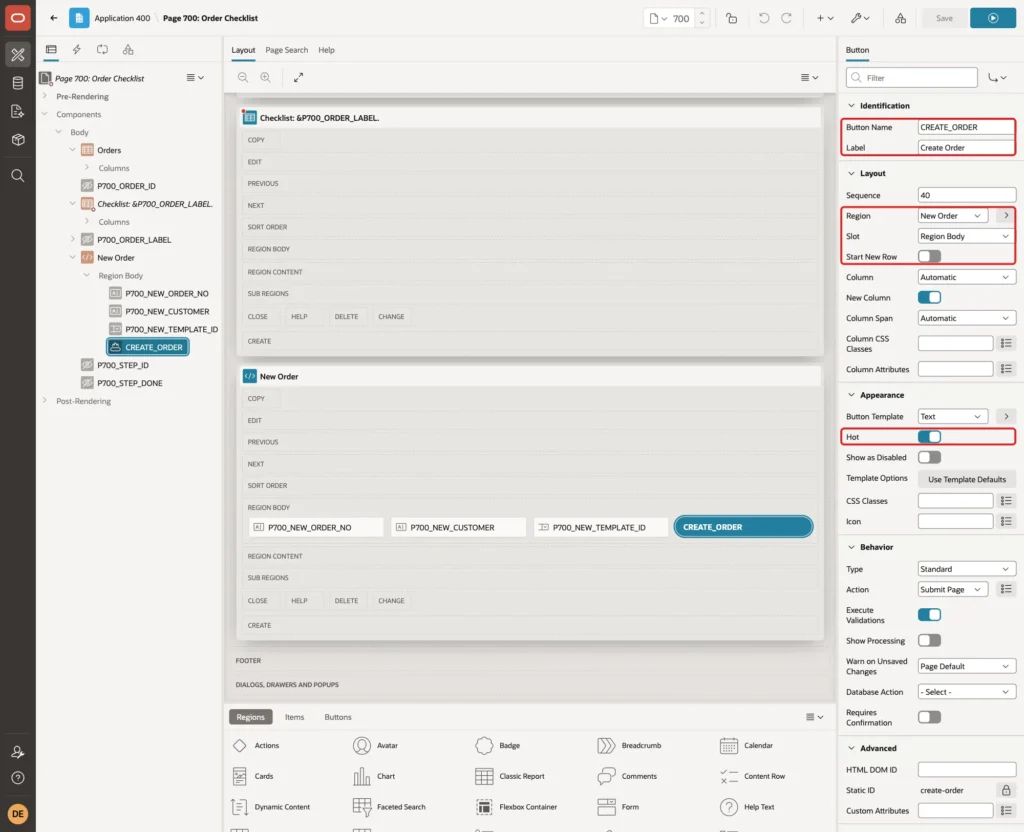 Button CREATE_ORDER with Button Name, Label, Region New Order, Slot Region Body, Start New Row off and Hot marked with red boxes