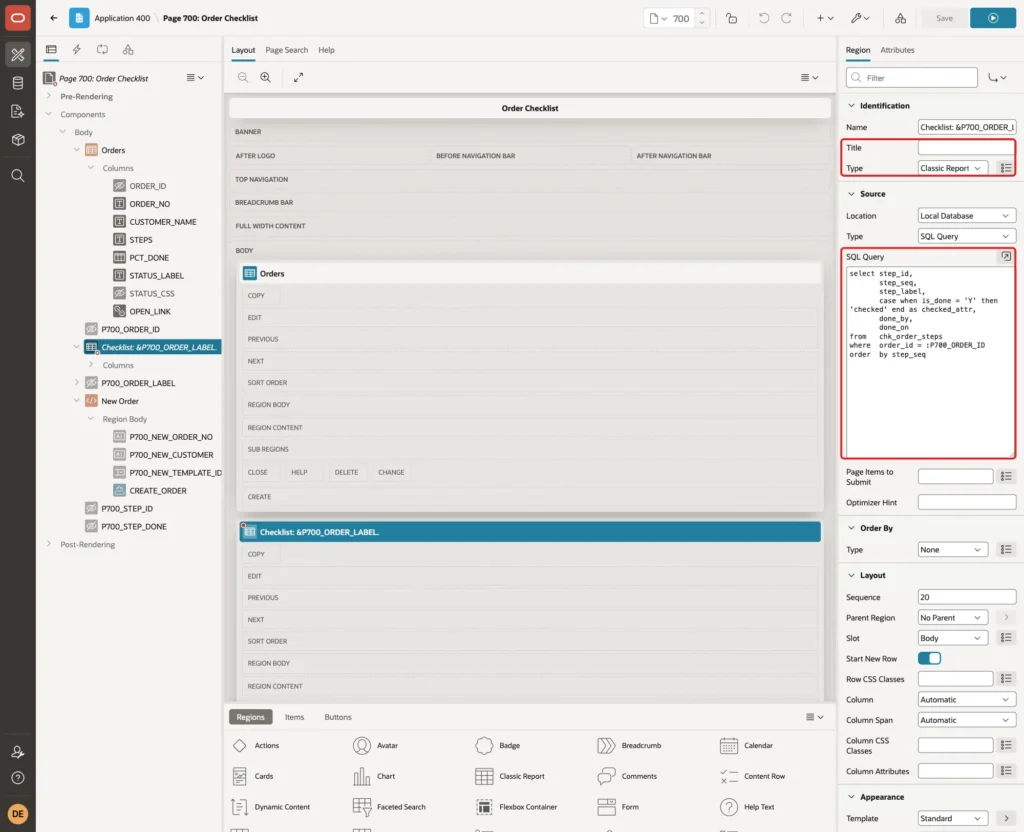Region Checklist with Title, Type Classic Report and the SQL Query marked with red boxes