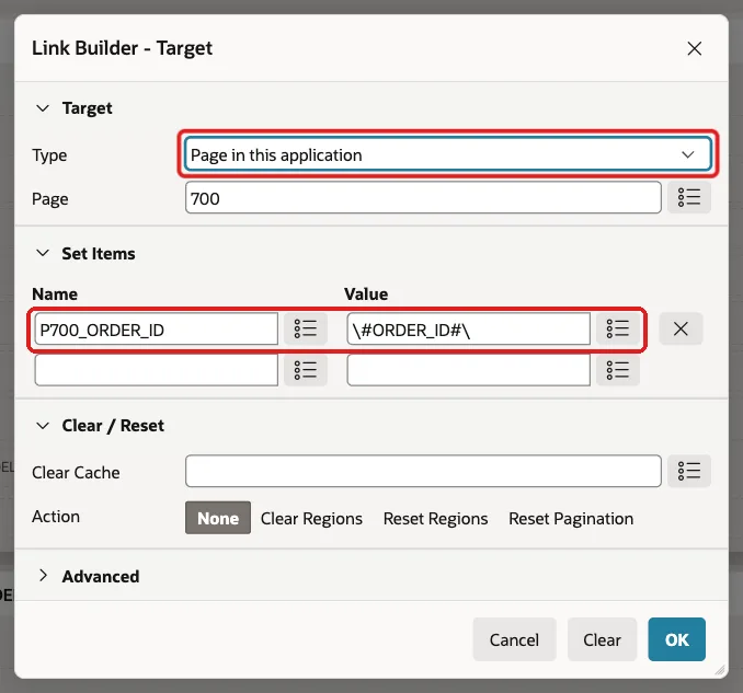 Link Builder Target dialog with Type Page in this application, Page 700 and the item P700_ORDER_ID set to ORDER_ID marked with red boxes