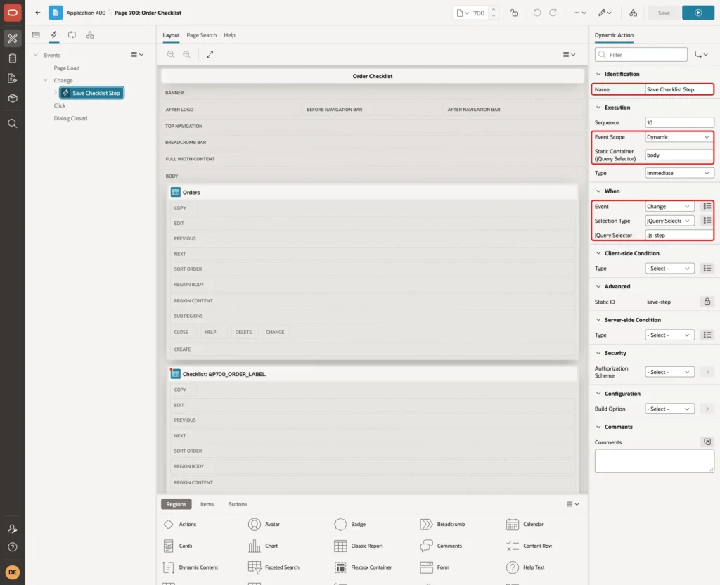 Dynamic action Save Checklist Step with Name, Event Scope Dynamic, Static Container body, Event Change, Selection Type jQuery Selector and jQuery Selector .js-step marked with red boxes