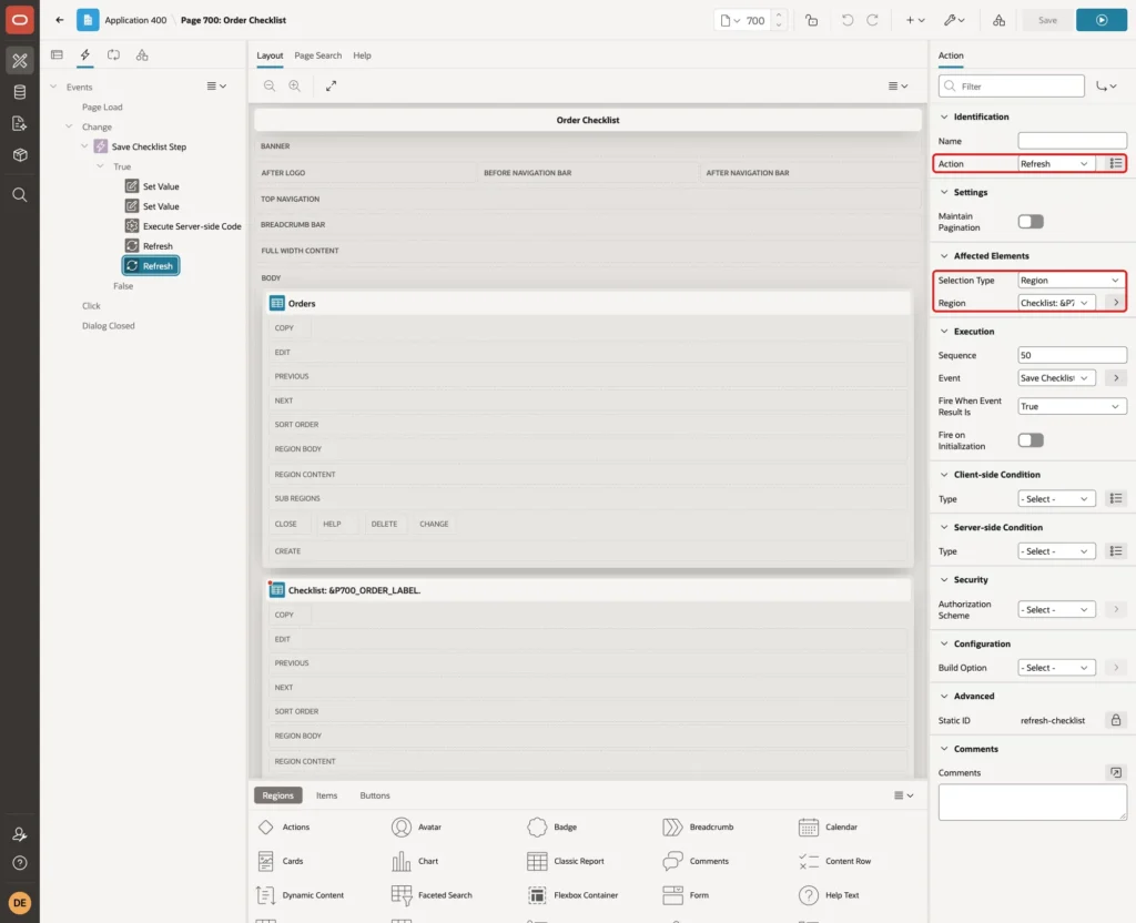 Refresh action with Selection Type Region and the Checklist region marked with red boxes