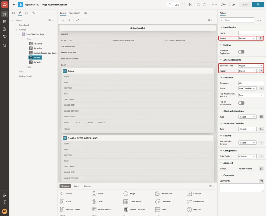 Refresh action with Selection Type Region and Region Orders marked with red boxes