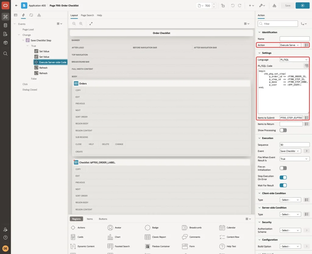 Execute Server-side Code action with Language PL/SQL, the PL/SQL Code and Items to Submit marked with red boxes
