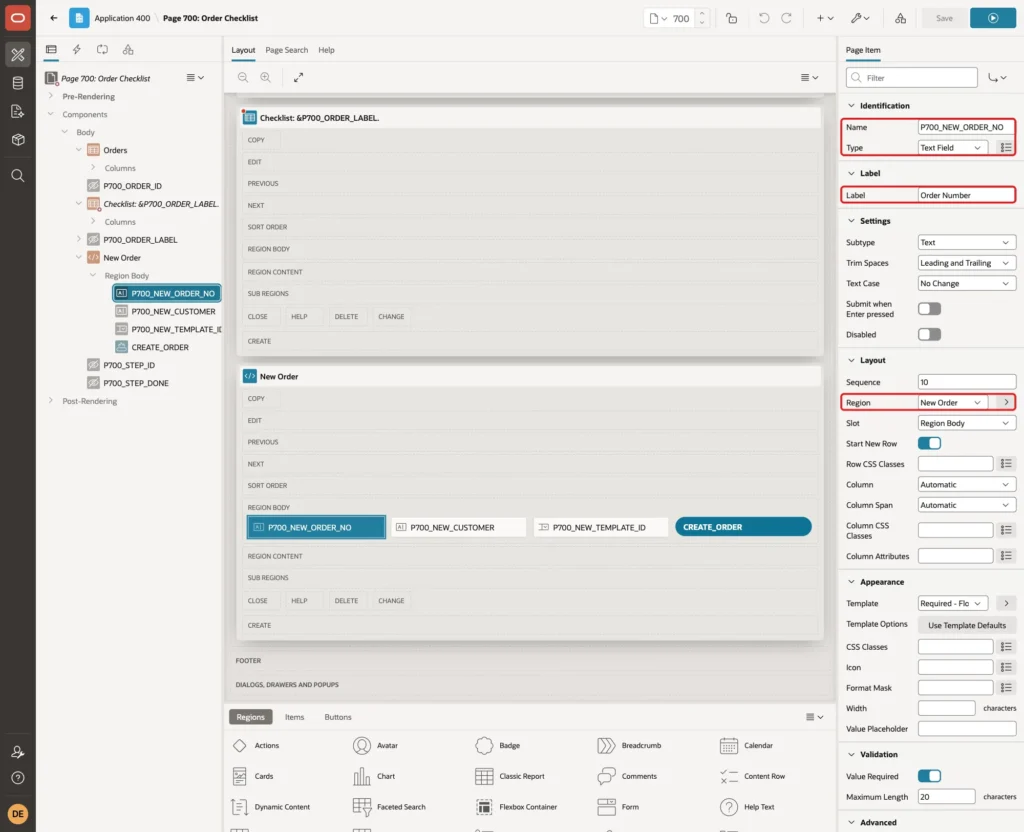 Page item P700_NEW_ORDER_NO with Name, Type Text Field, Label Order Number and Region New Order marked with red boxes