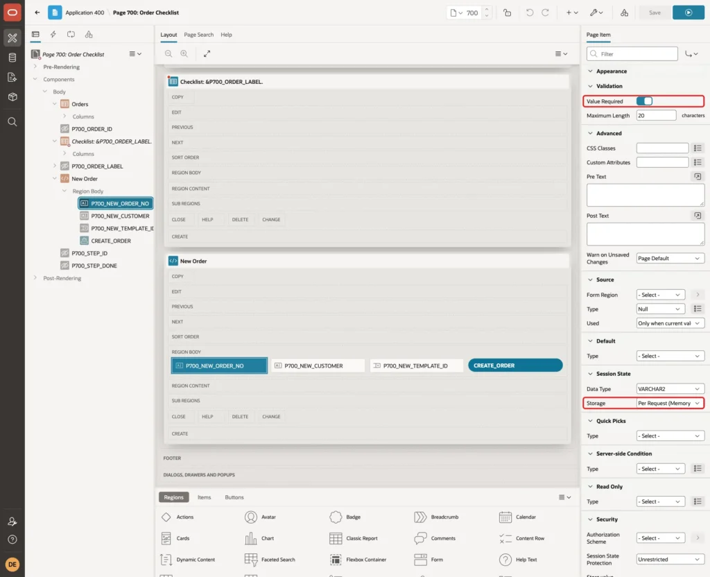 Page item P700_NEW_ORDER_NO with Value Required on and Storage Per Request Memory Only marked with red boxes