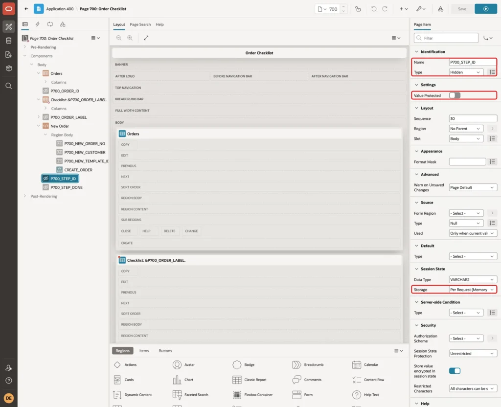 Page item P700_STEP_ID with Name, Type Hidden, Value Protected off and Storage Per Request Memory Only marked with red boxes