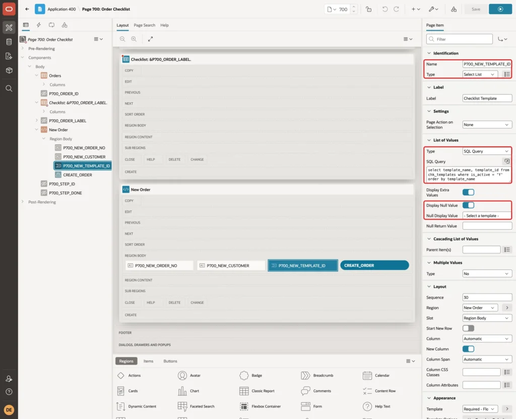 Page item P700_NEW_TEMPLATE_ID with Type Select List, LOV Type SQL Query, the query, Display Null Value and Null Display Value marked with red boxes