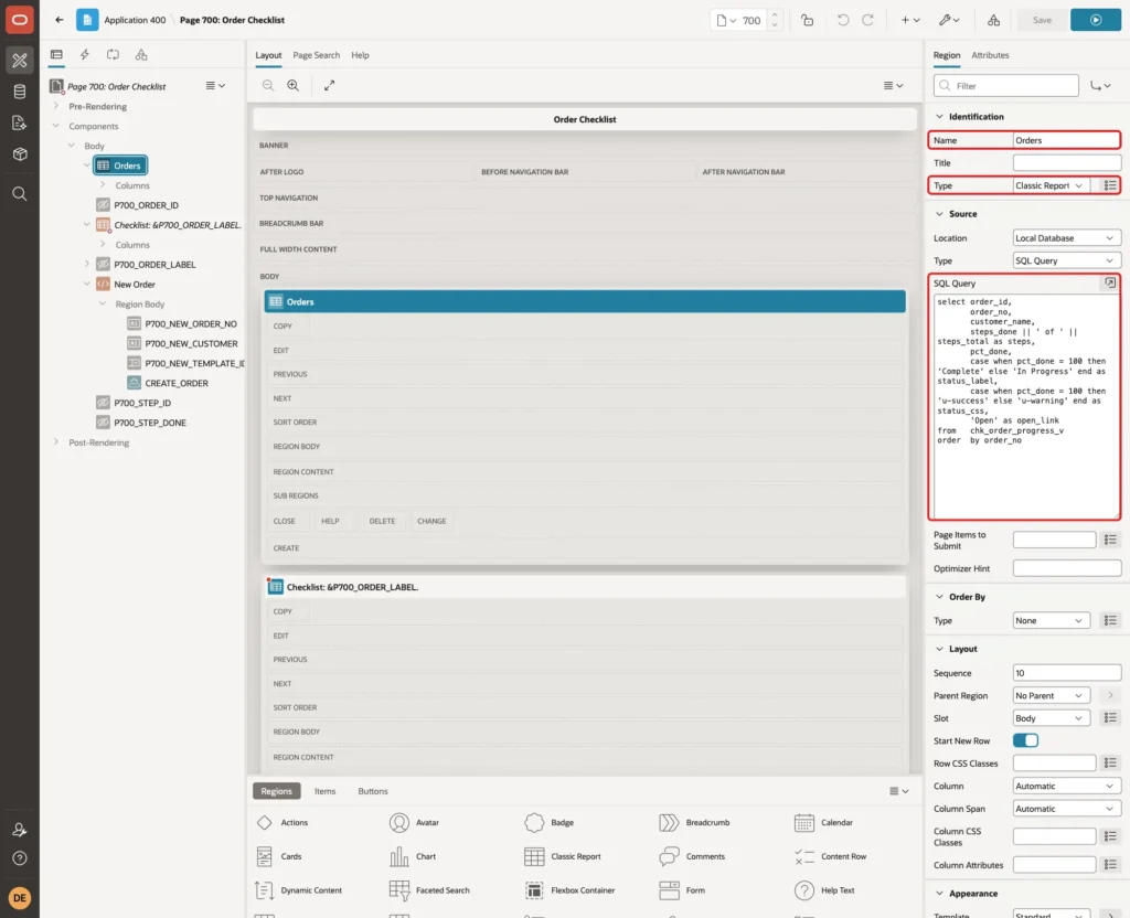 Region Orders with Name, Type Classic Report and the SQL Query marked with red boxes