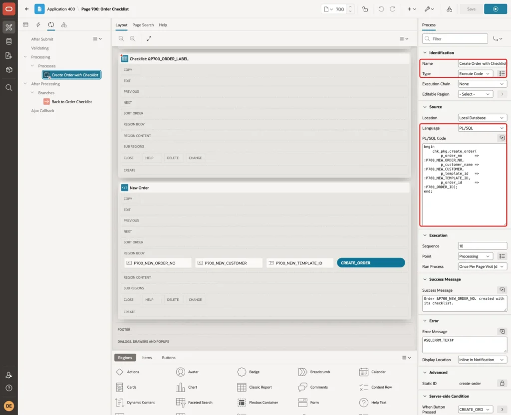 Process Create Order with Checklist with Name, Type Execute Code, Language PL/SQL and the PL/SQL Code marked with red boxes