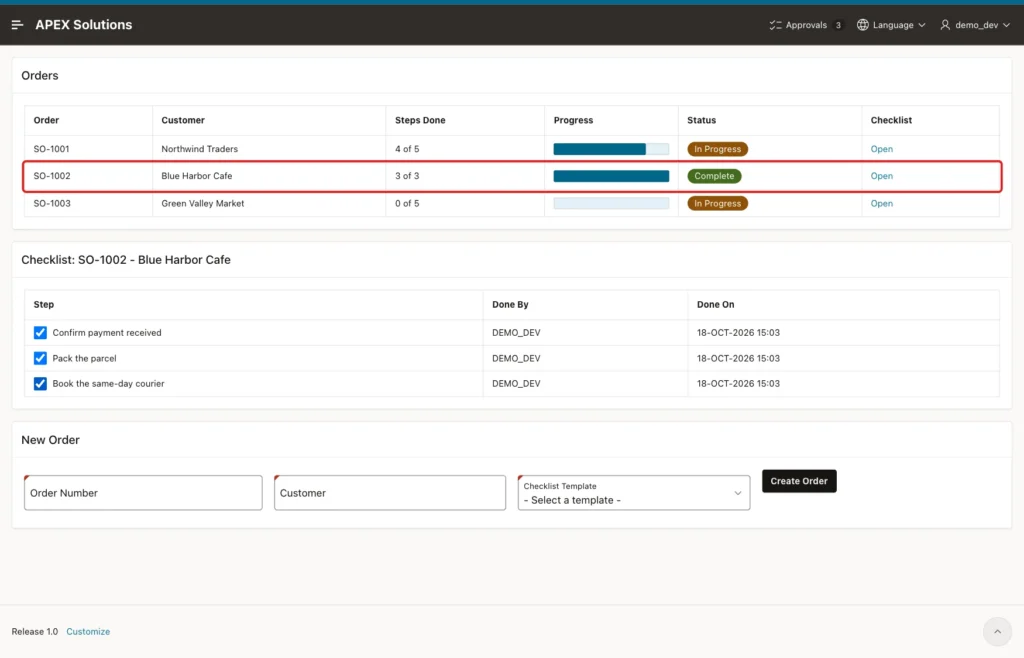 Order Checklist page with SO-1002 at 3 of 3 steps, a full bar and the Complete badge marked with a red box