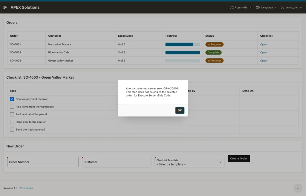 Order Checklist page with an error dialog ORA-20001 This step does not belong to the selected order