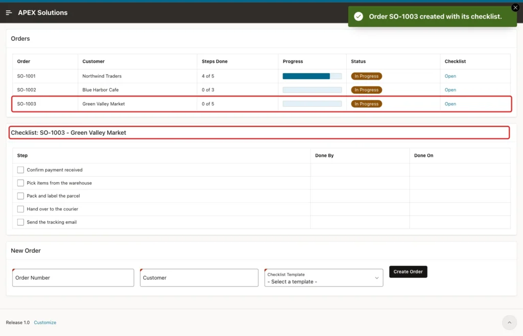 Order Checklist page with the success message, the new row SO-1003 at 0 of 5 and the checklist title of SO-1003 marked with red boxes