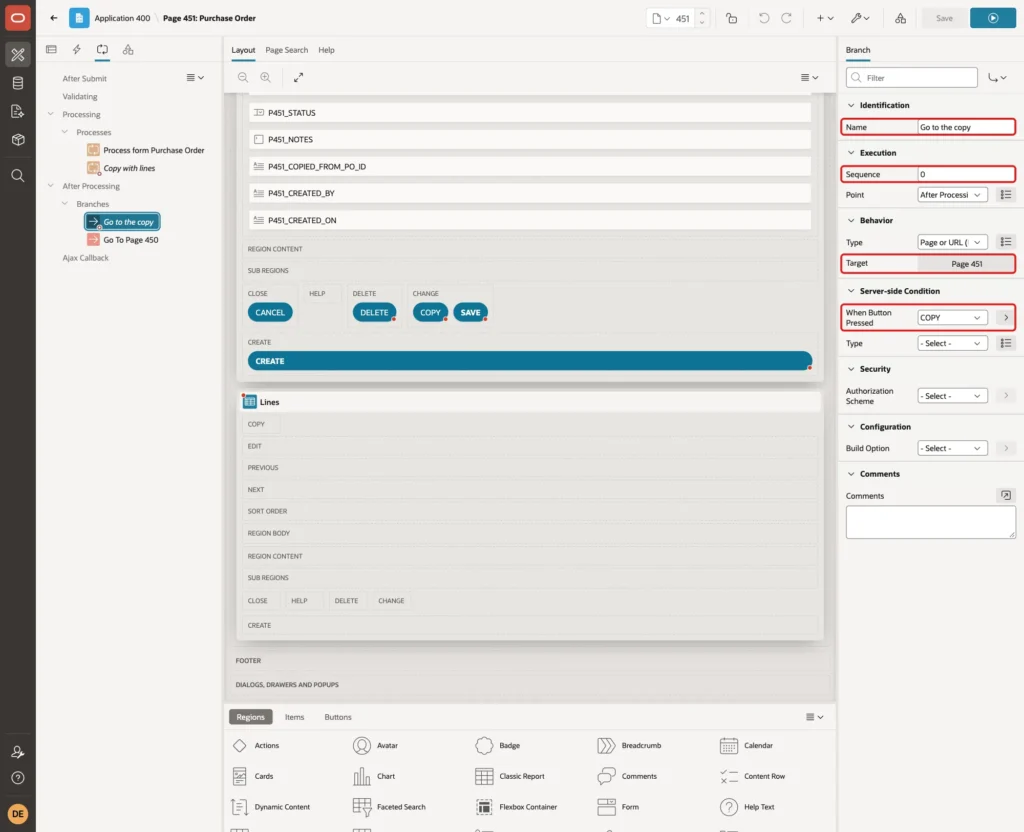Branch Go to the copy with Name, Sequence 0, Target Page 451 and When Button Pressed COPY marked with red boxes