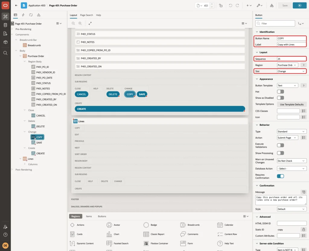 COPY button with Button Name, Label, Sequence 25 and Slot Change marked with red boxes
