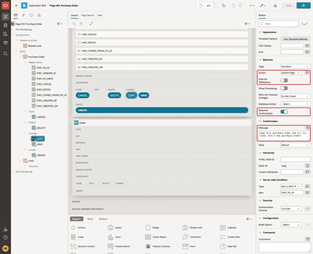 Behavior and Confirmation groups of the COPY button with Action Submit Page, Execute Validations off, Requires Confirmation on and the Message marked with red boxes