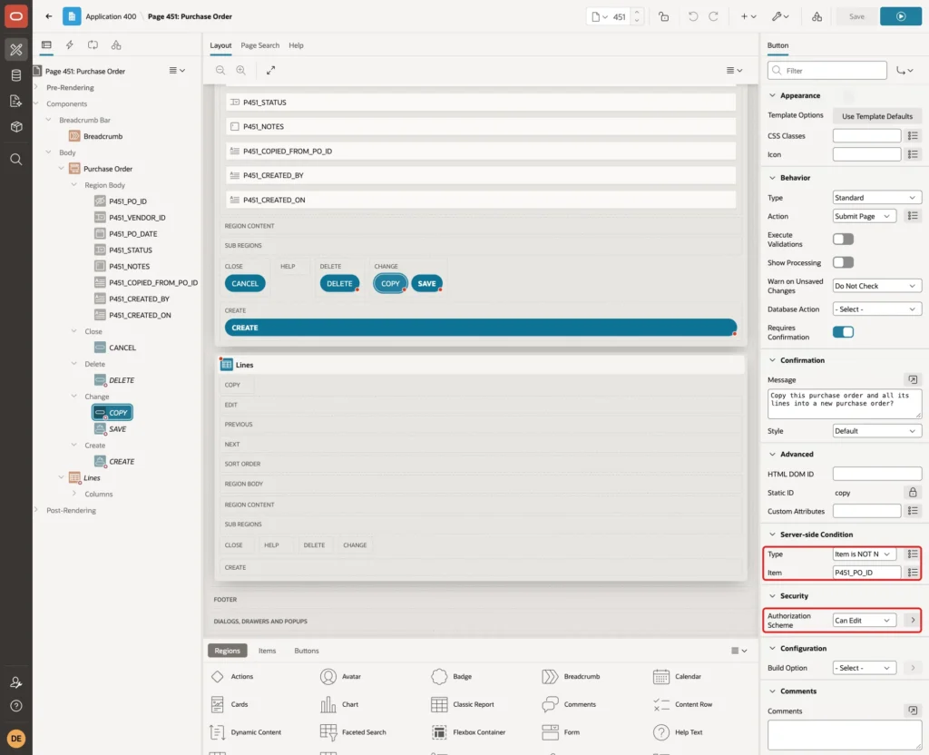 Server-side Condition Item is NOT NULL P451_PO_ID and Authorization Scheme Can Edit of the COPY button marked with red boxes