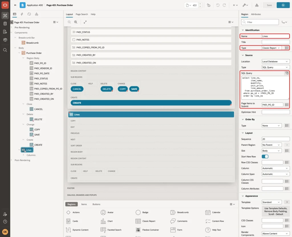 Lines region with Name, Type Classic Report, SQL Query and Page Items to Submit P451_PO_ID marked with red boxes