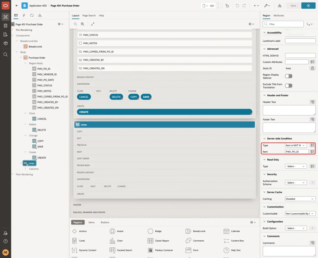 Server-side Condition of the Lines region with Type Item is NOT NULL and Item P451_PO_ID marked with a red box