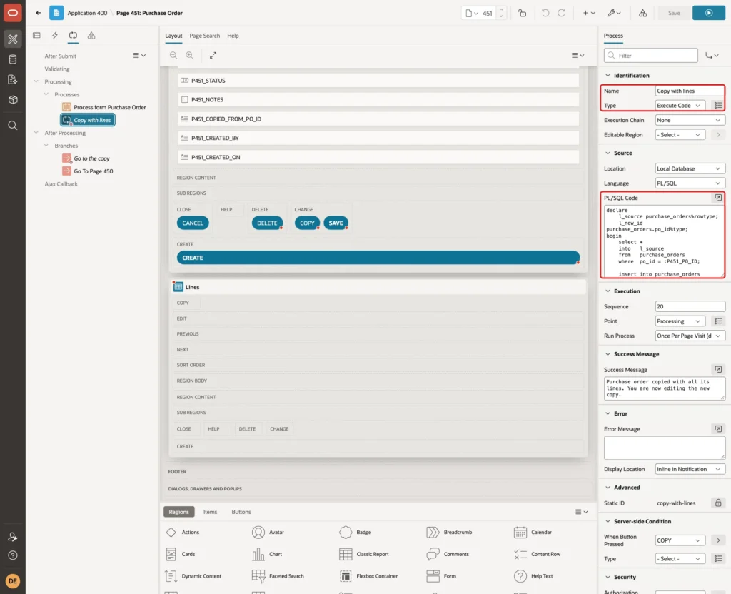 Process Copy with lines with Name, Type Execute Code and PL/SQL Code marked with red boxes