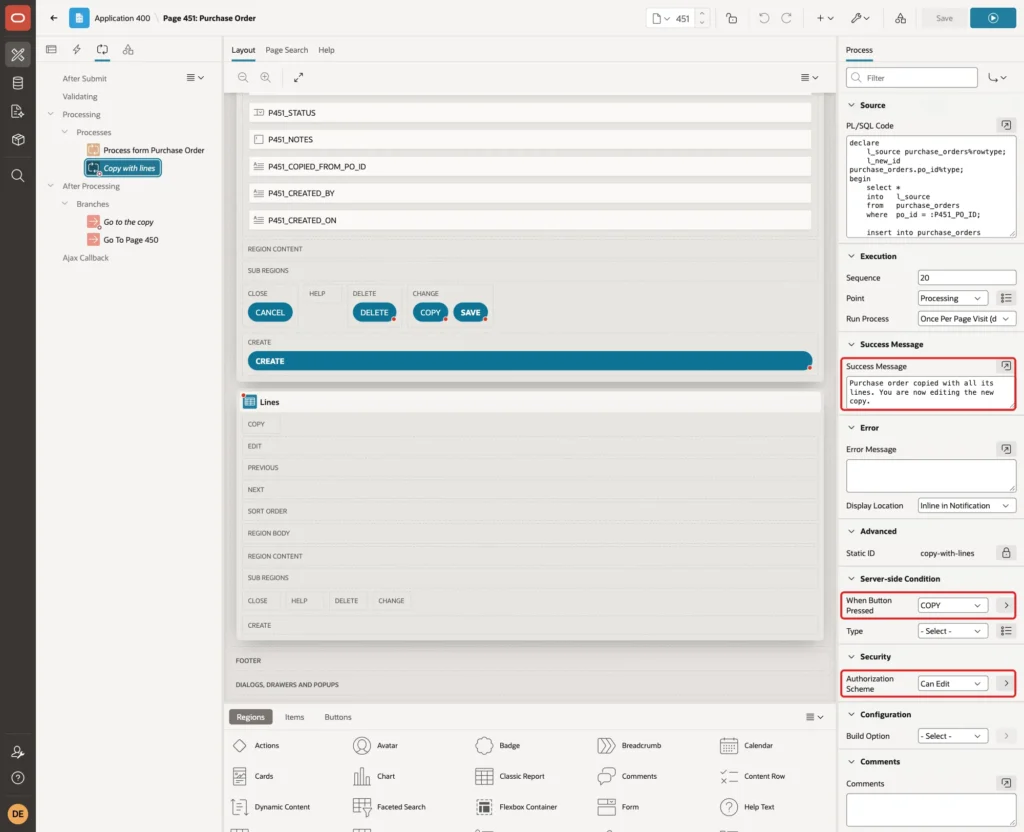 Success Message, When Button Pressed COPY and Authorization Scheme Can Edit of the process marked with red boxes
