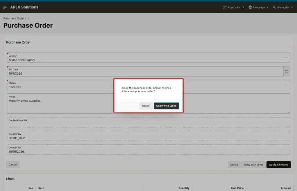 Confirmation dialog asking to copy the purchase order and all its lines, marked with a red box