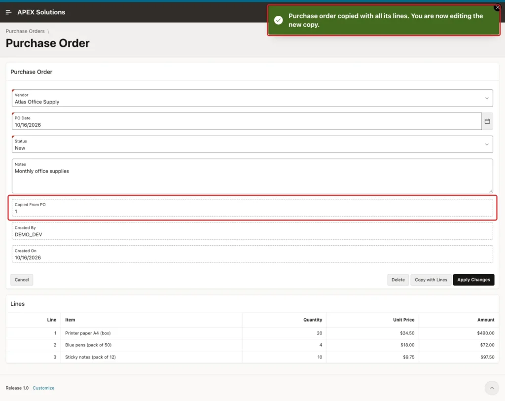 New purchase order with the success message and Copied From PO 1 marked with red boxes, status New and three copied lines