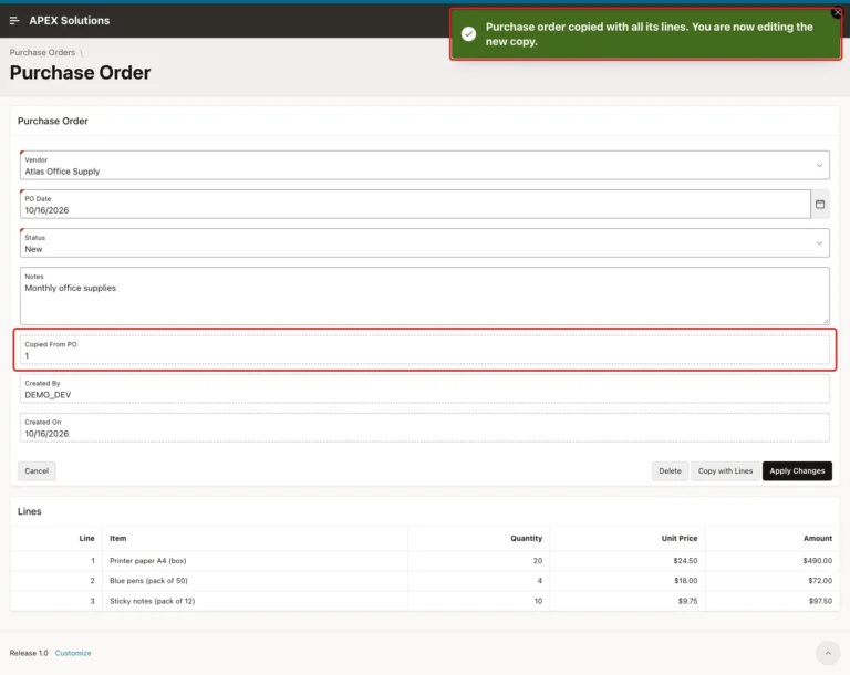 New purchase order with the success message and Copied From PO 1 marked with red boxes, status New and three copied lines