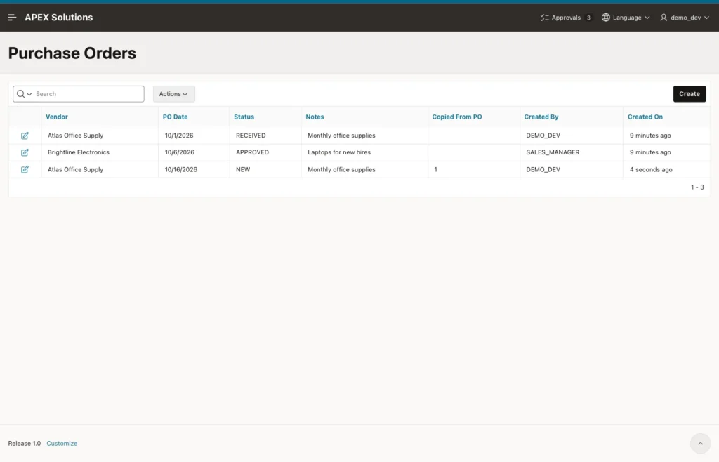 Purchase Orders report with a third purchase order with status NEW and Copied From PO 1