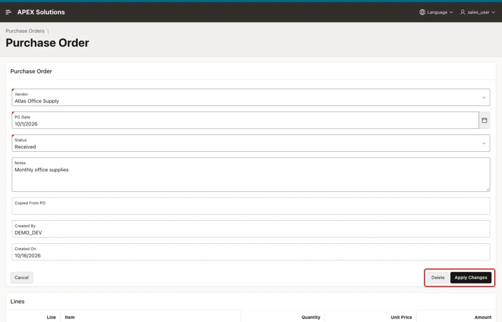 Purchase Order form for SALES_USER with only Delete and Apply Changes buttons, the button area marked with a red box