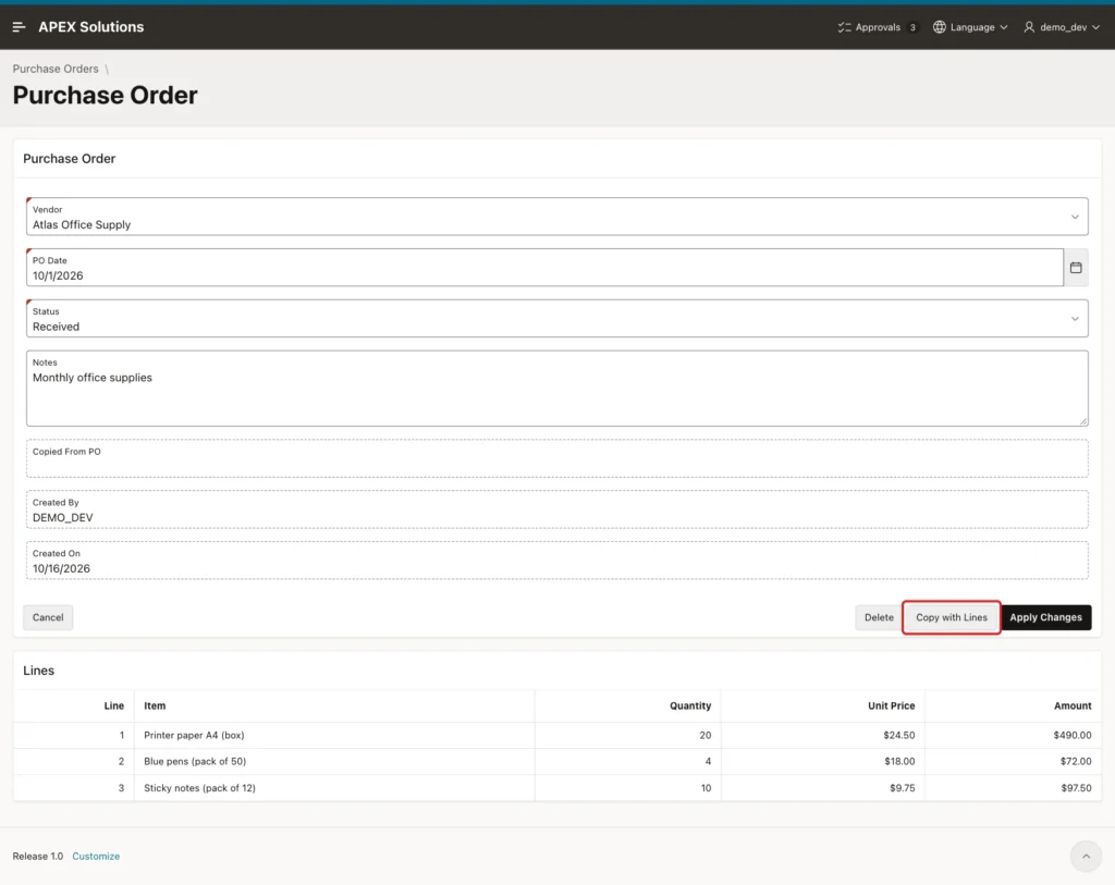 Purchase Order form of Atlas Office Supply with status Received, three lines and the Copy with Lines button marked with a red box