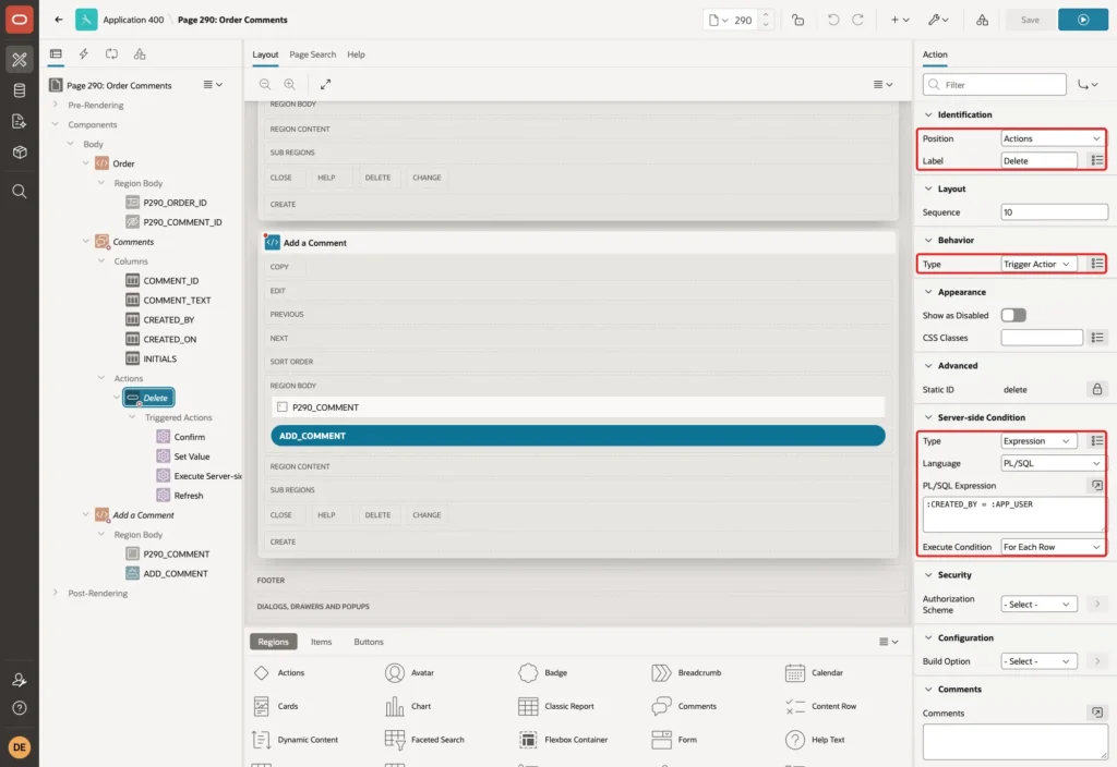Page Designer showing the action Delete with Position Actions, Label Delete, Type Trigger Action and the server-side condition :CREATED_BY = :APP_USER For Each Row marked with red boxes