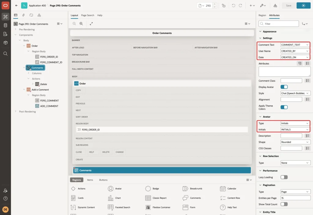 Attributes tab of the Comments region with Comment Text, User Name, Date, Avatar Type Initials and Initials INITIALS marked with red boxes