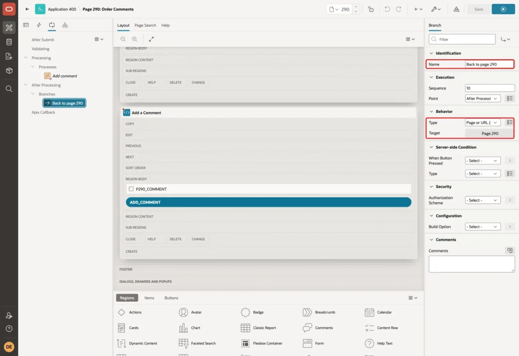 Page Designer showing the branch Back to page 290 with Type Page or URL and Target page 290 marked with red boxes