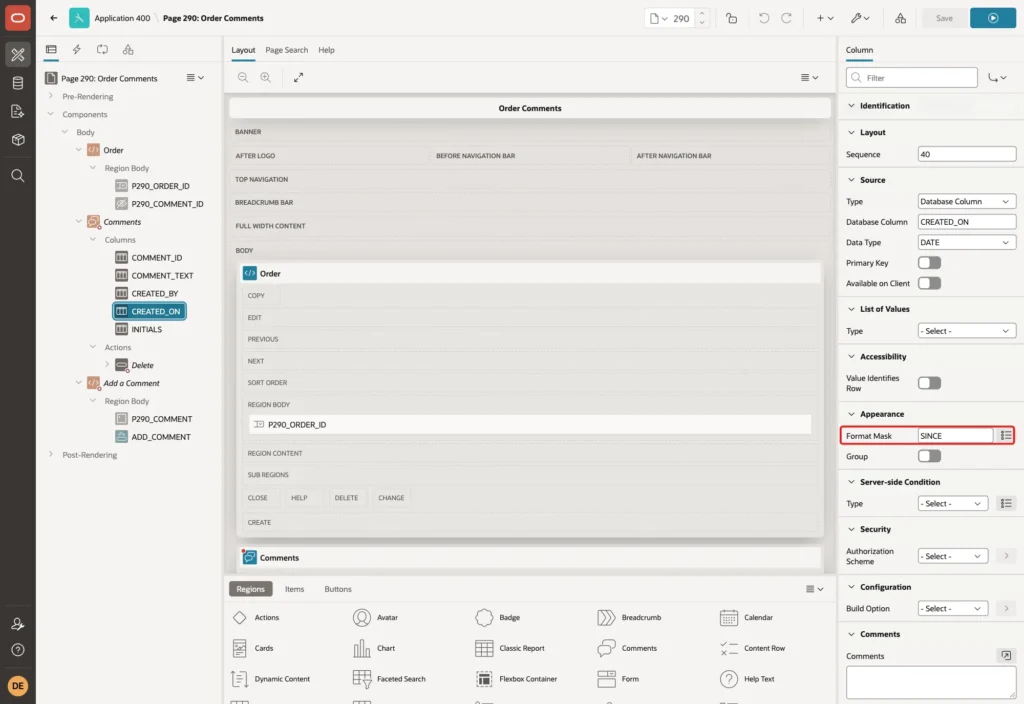 Page Designer showing the column CREATED_ON with Format Mask SINCE marked with a red box