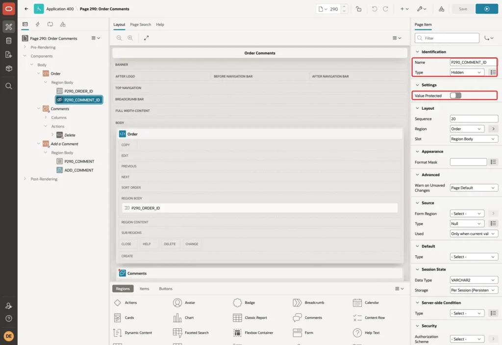 Page Designer showing P290_COMMENT_ID with Type Hidden and Value Protected off marked with red boxes