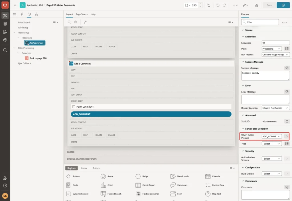 Page Designer showing the process Add comment with When Button Pressed ADD_COMMENT marked with a red box