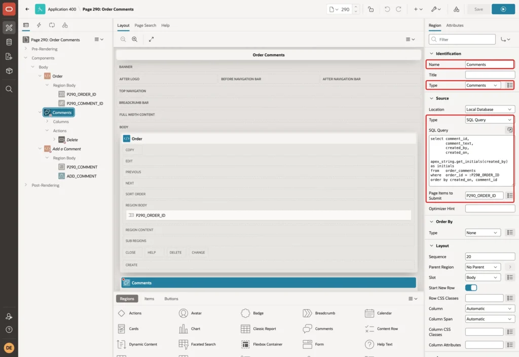 Page Designer showing the region Comments with Type Comments, Source Type SQL Query, the query and Page Items to Submit P290_ORDER_ID marked with red boxes