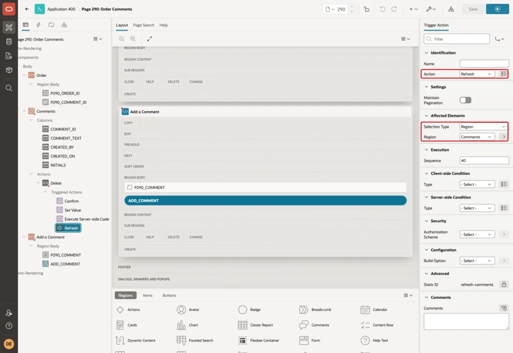 Page Designer showing the triggered action Refresh with Selection Type Region and Region Comments marked with red boxes